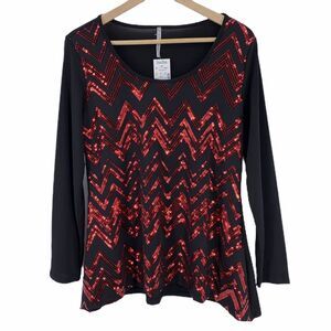 Studio 226 Red Chevron Sequin Black Long Sleeve Shirt Womens Size Small